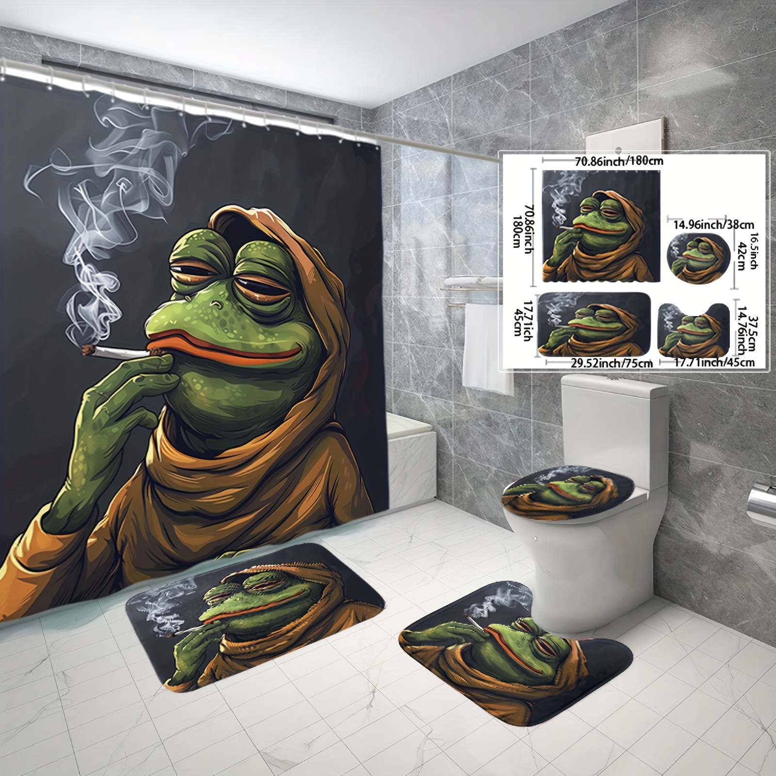 Frog-themed Shower Curtain Set (1/3/4pcs), Waterproof Polyester Fabric ...