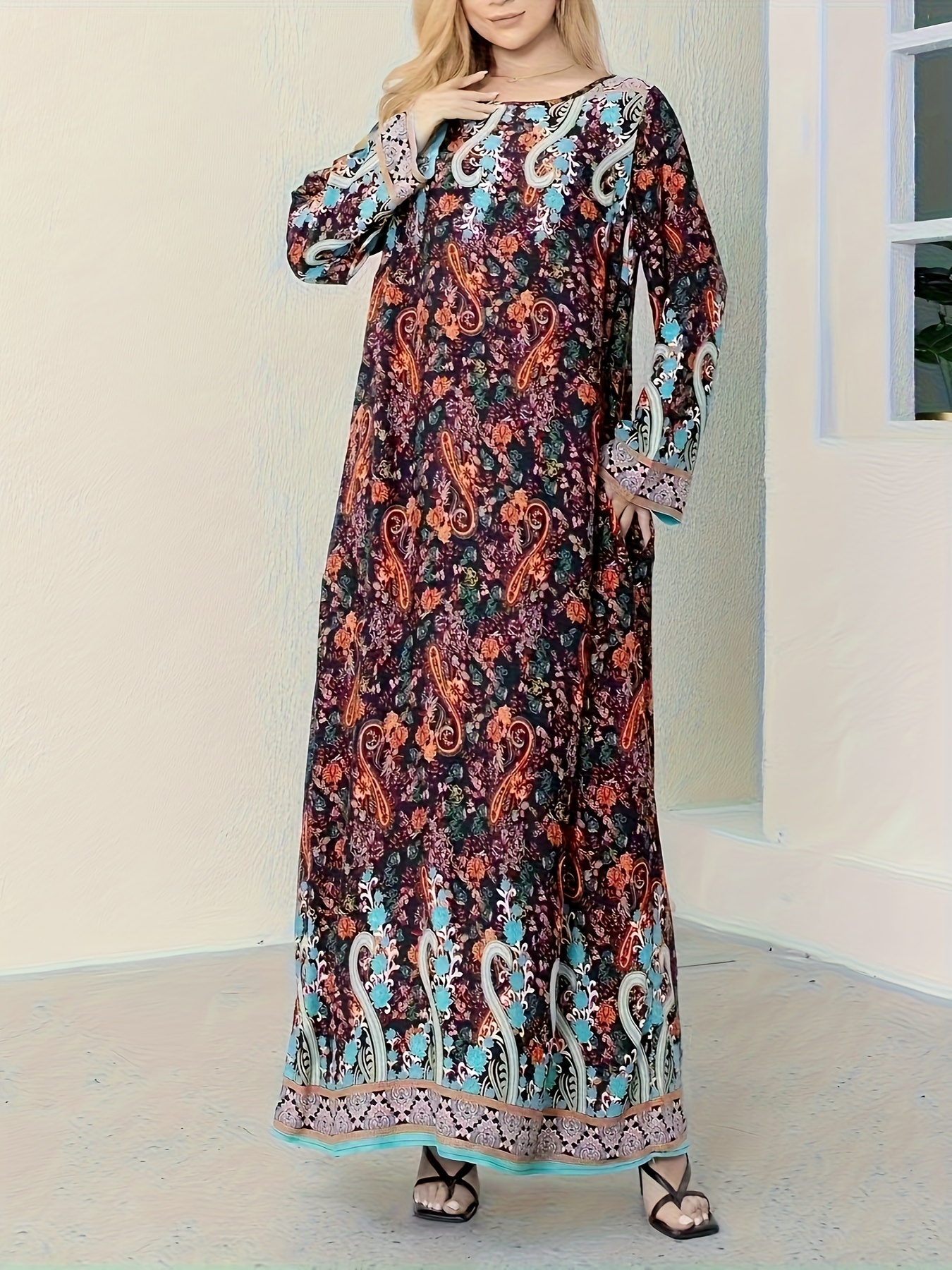 boho floral print with pocket dress vacation long sleeve crew neck maxi loose dress womens clothing