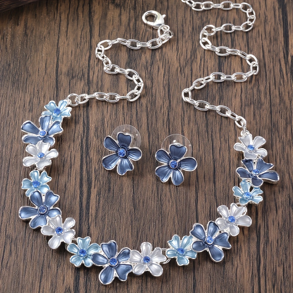 

Chic Blue Enamel Floral Jewelry Set - Includes Necklace & Earrings, Perfect For Vacation Or Everyday Wear, Ideal Mother's Day Gift Jewelry For Women Jewelry Sets For Women