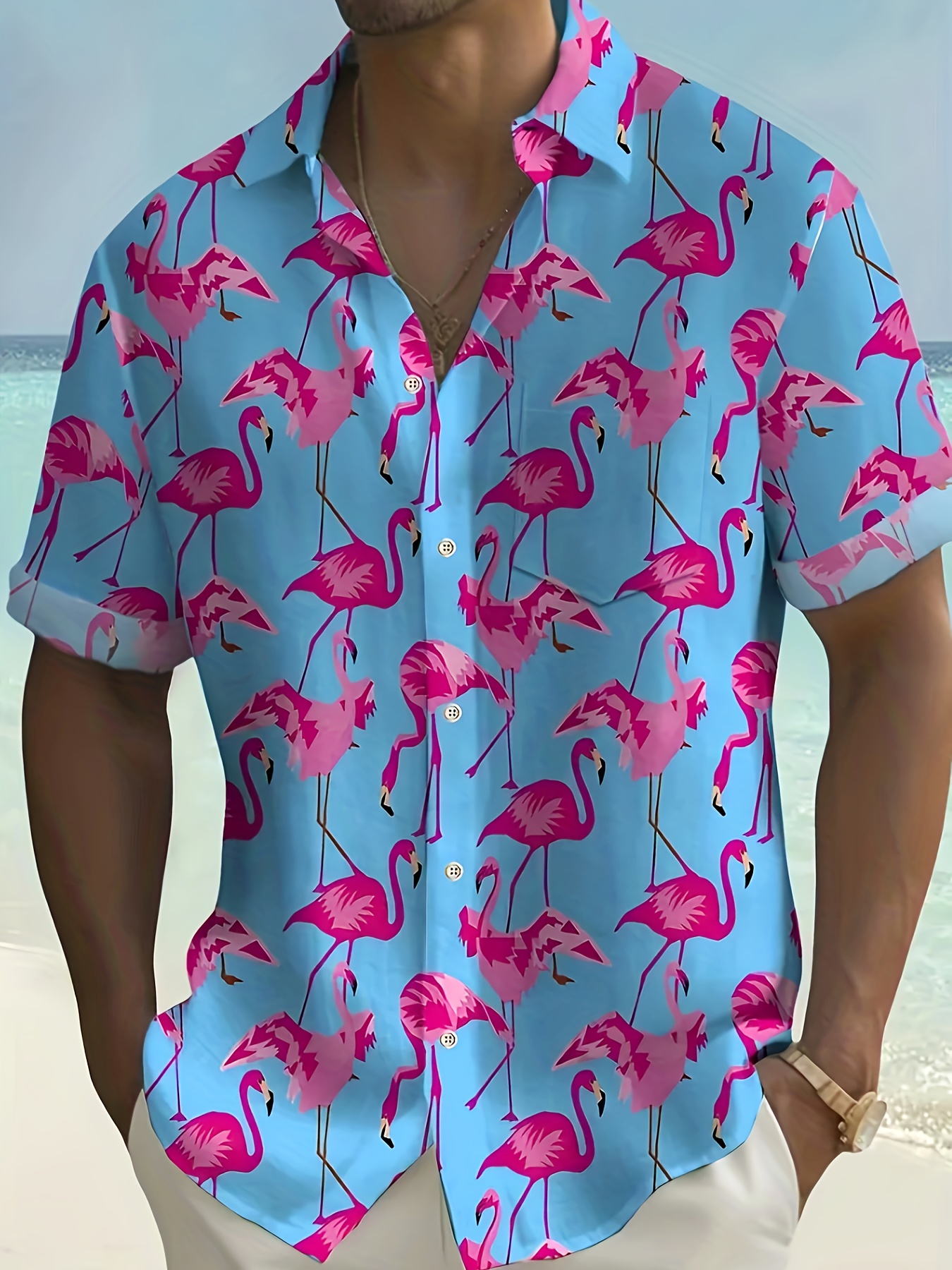 Men's Hawaiian Shirt With Flamingo Print - Short Sleeve Button Up Summer Shirt, Lightweight & Quick-Dry
