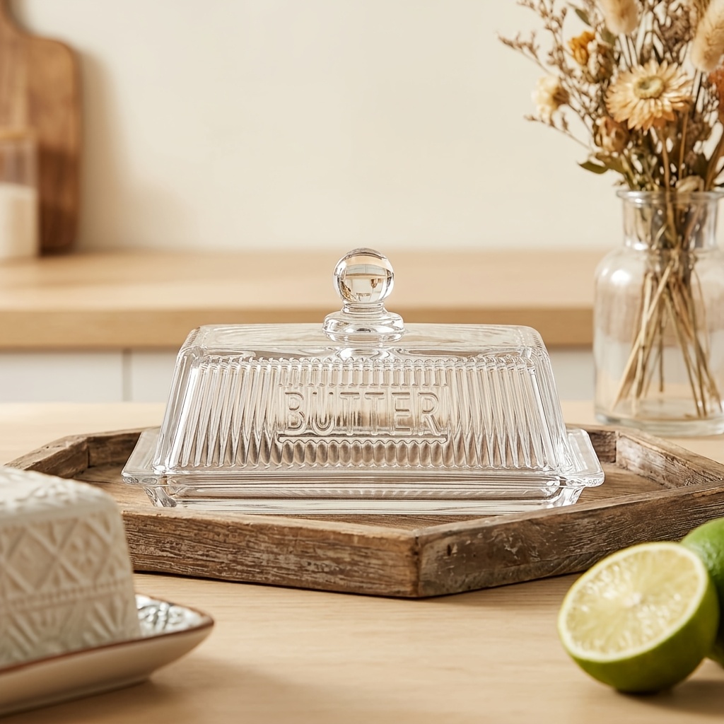 TEMU 1 Set Rectangular Butter Dish With Glass Lid, Cheese Butter Plate, Snack, Dessert, Cake Plate, Glass Cake Tray For Home Kitchen, Dining Room,