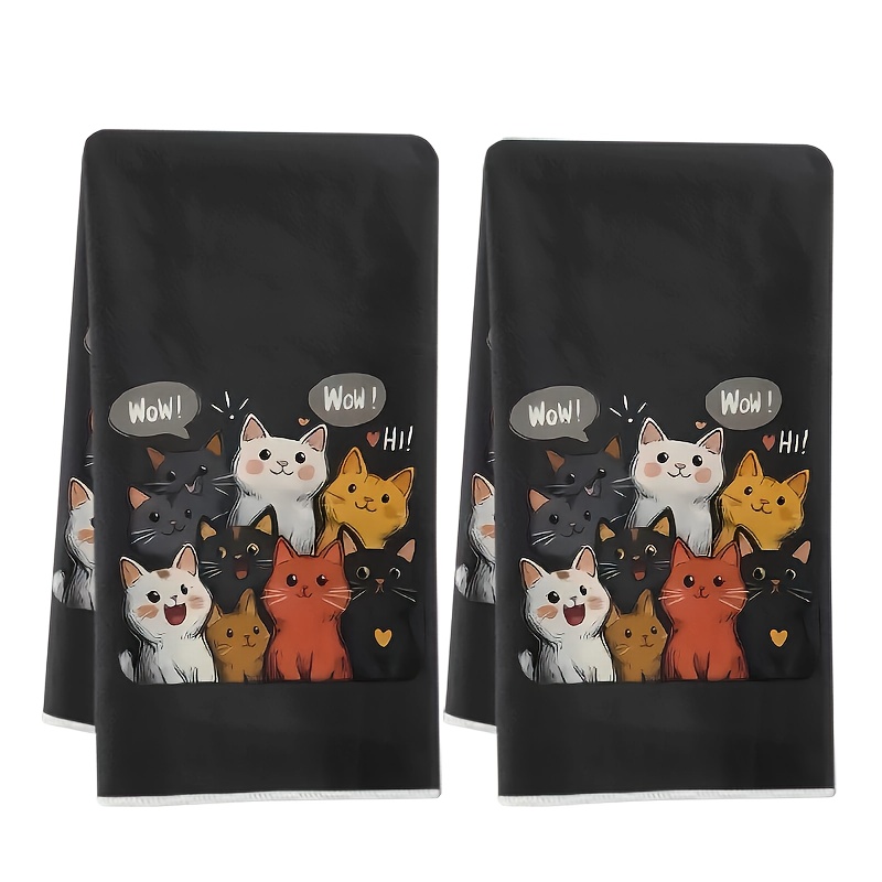 TEMU Cleaning Cloth 2pcs Kitchen Towel, Black Background Cute Pile Of Cats Kitchen Towel, 40*60cm, Polyester Tea Towel, Dish Towel Birthday Gift,