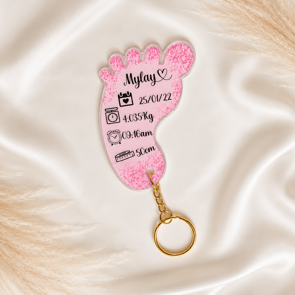 TEMU 1pc Personalized Footprint Acrylic Keychain, Custom Name, Date, Weight, Time & Height Keepsake Key Ring, Precious Gift For Parents & Family