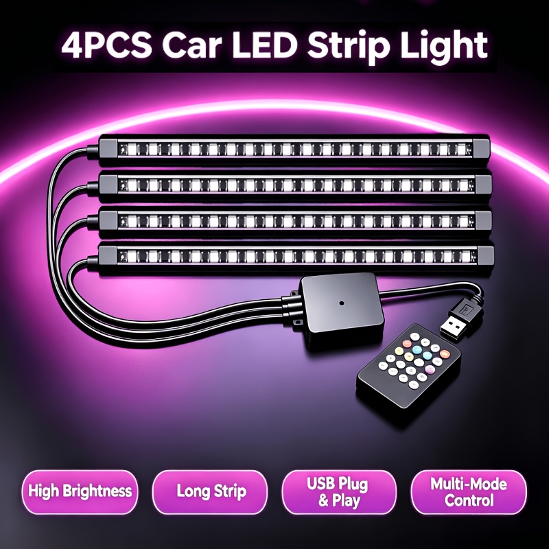 TEMU Rgb Car Led Interior Light Kit, With Remote Control & App Control, Music Sync Mode, Multiple Color Options For Car Ambient Lighting, Footwell