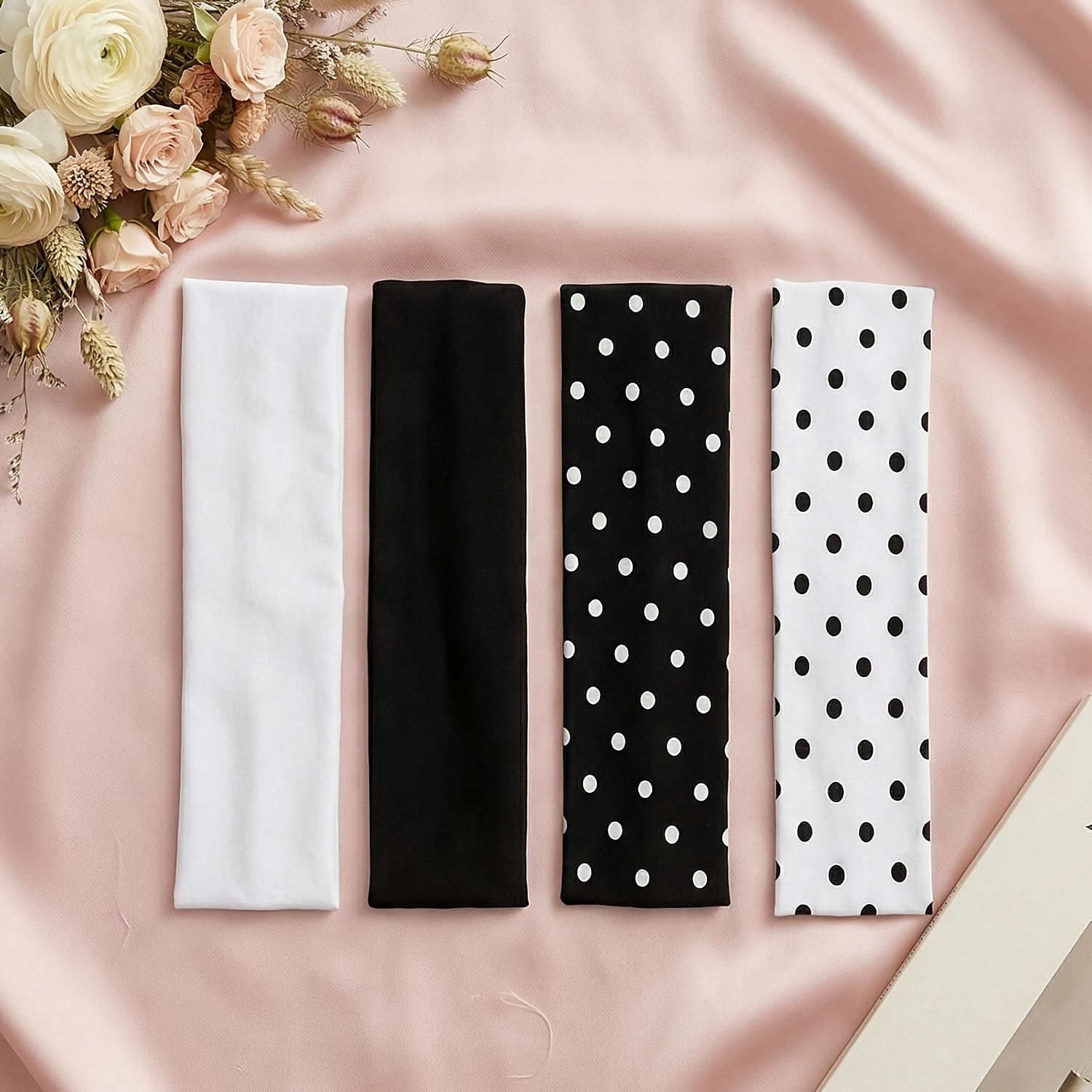 TEMU 4pcs Set Of Soft Non-slip Headbands, Polka Dot Elastic Wide Headbands, Polka Dot Women's Headbands, Black And White Headbands, Women's Yoga And