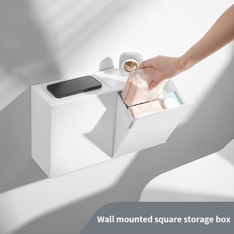 

1pc Modern Wall-mounted Square Storage Box, Home Half-flip Lid Organizer, Bathroom Tissue & Phone Holder, Plastic Dustproof Container