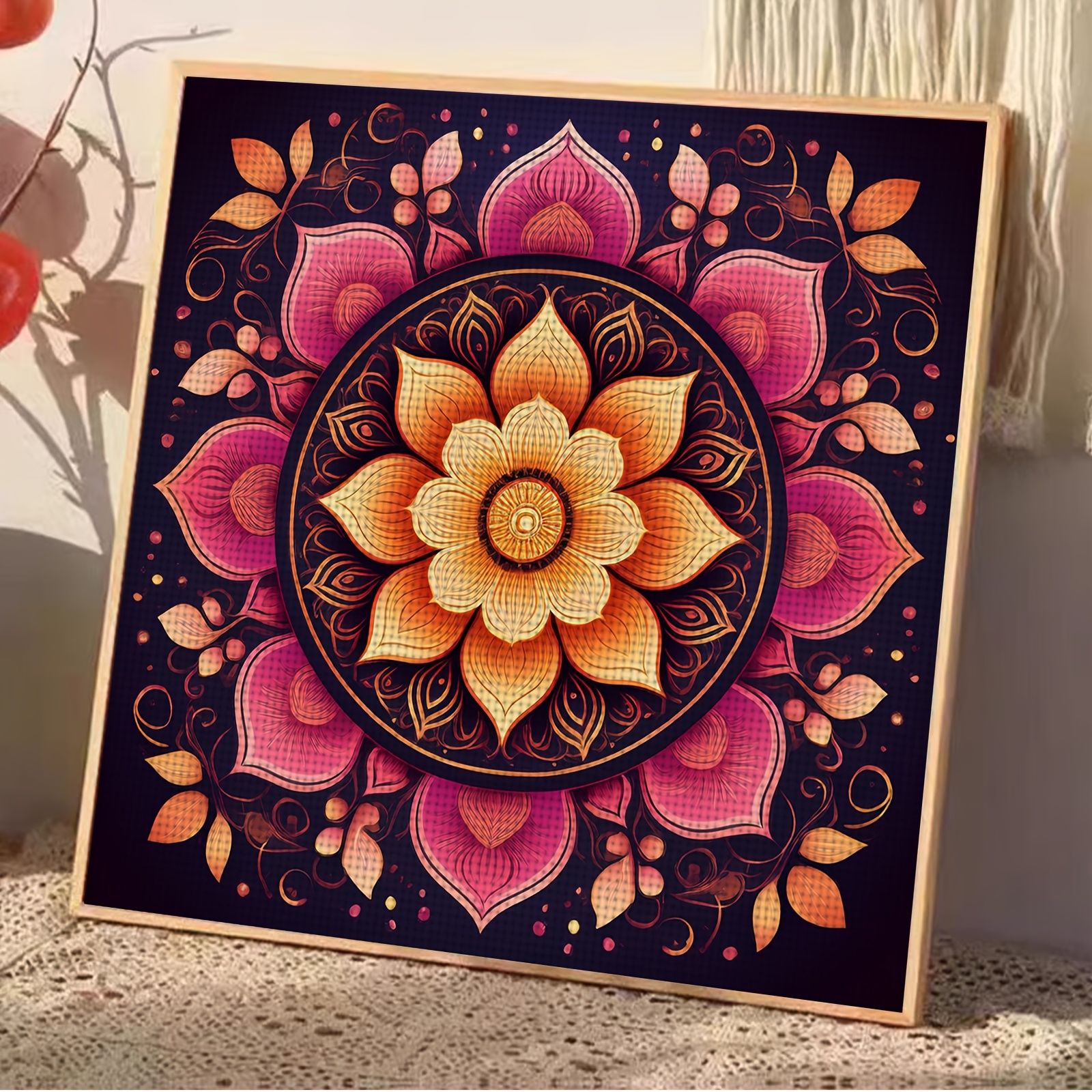 Frameless Cross-Stitch Kit, Golden Mandala Floral Pattern
