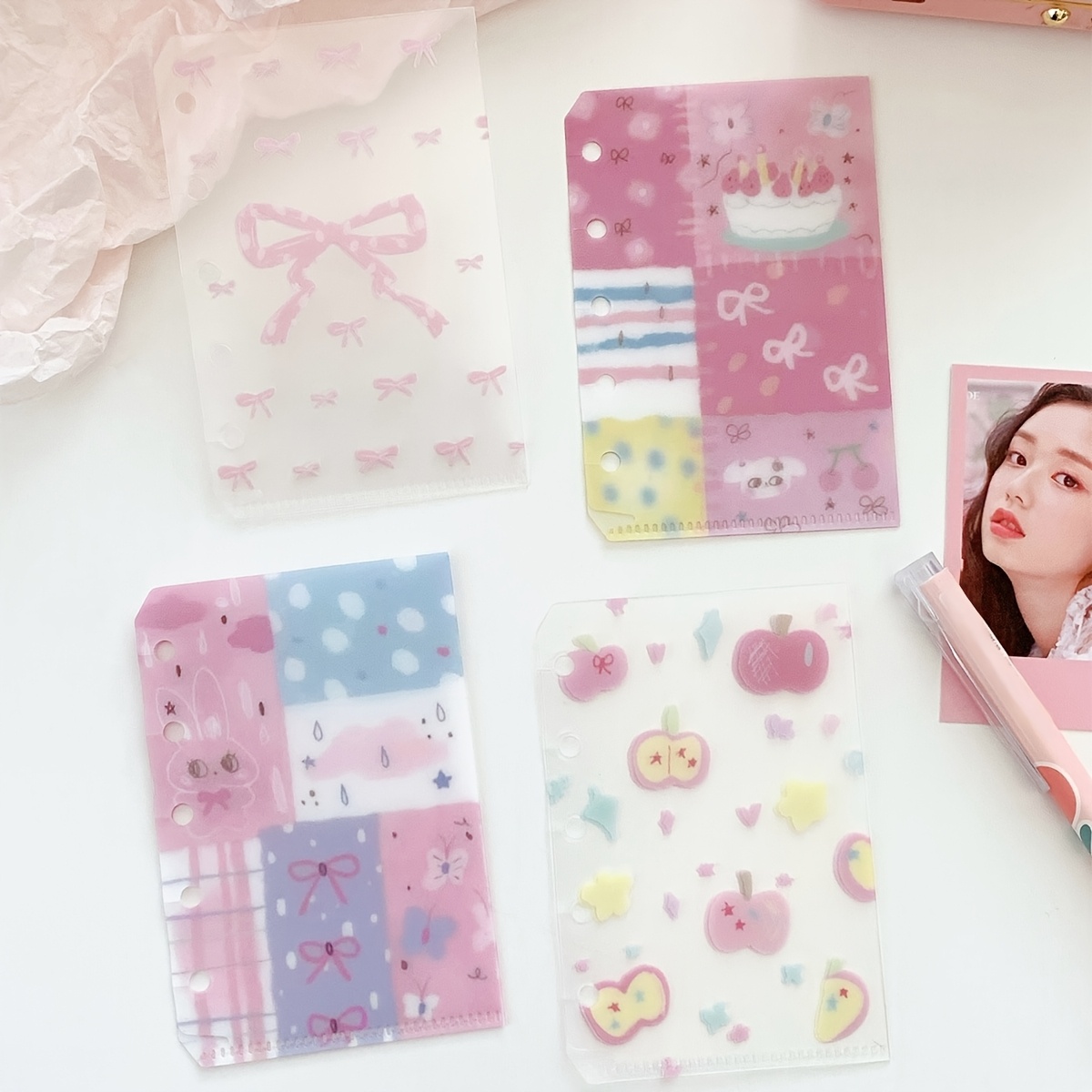 TEMU 4pcs M5 Translucent Pvc Binder Pocket Insert Set, 4 Assorted Pastel , Bow And Artistic Collage Designs, Pre- Refillable Organizer Pages For