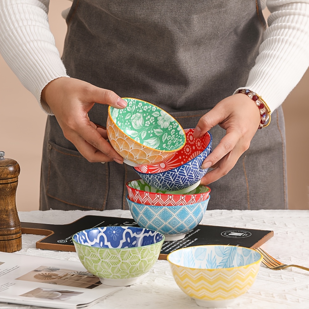 6-Piece Ceramic Rice Bowls Set – 10oz/300ml, Colorful Shallow Bowls, Microwave & Dishwasher Safe