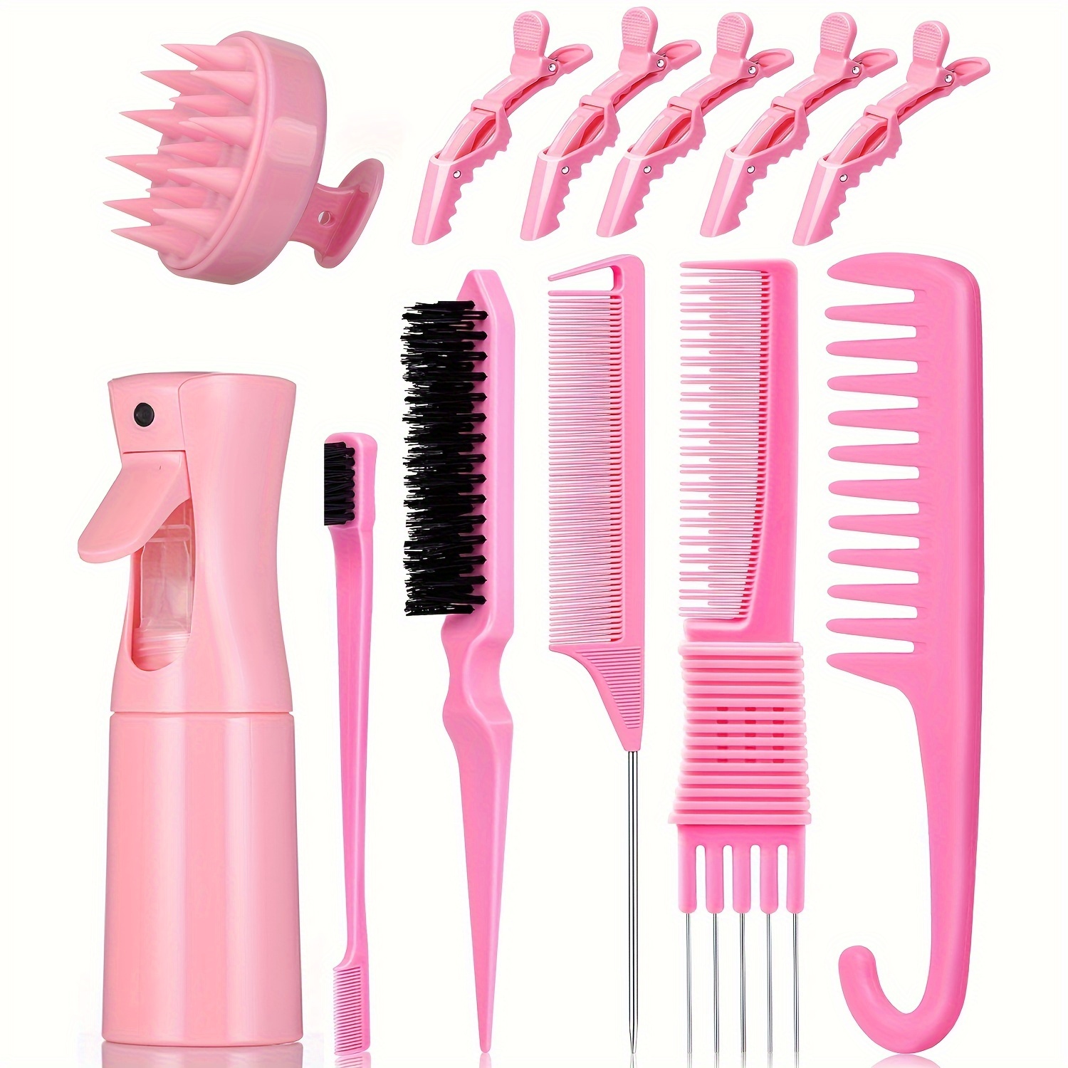 

12pcs/set Detangling Brush And Comb Set, Wide Teeth Hair Comb Rat Tail Comb Teasing Hair Brush Spray Bottle Alligator Clips