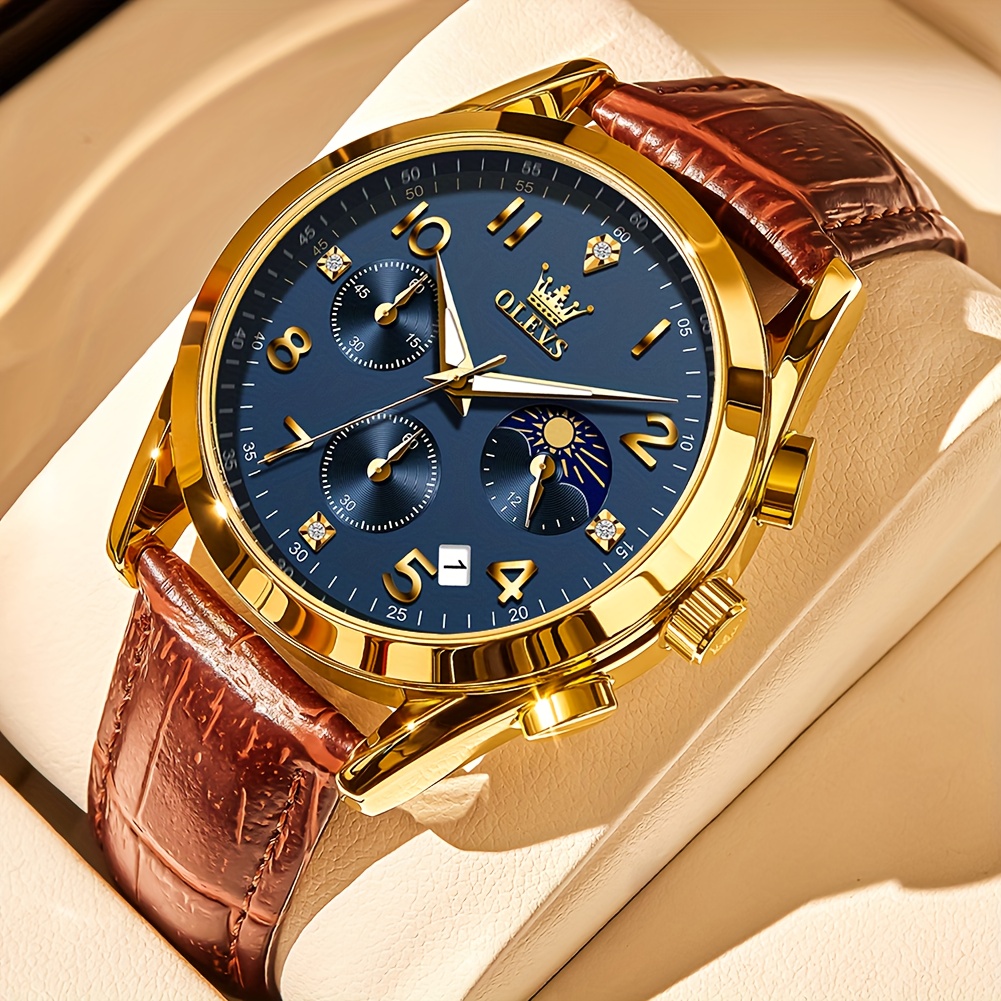 Image of Olevs Multifunctional Watches For Men Casual Dress Quartz Faux Leather Chronograph Moon Phase Roman Luminous Date Classic Men's Wristwatches Men's Watch