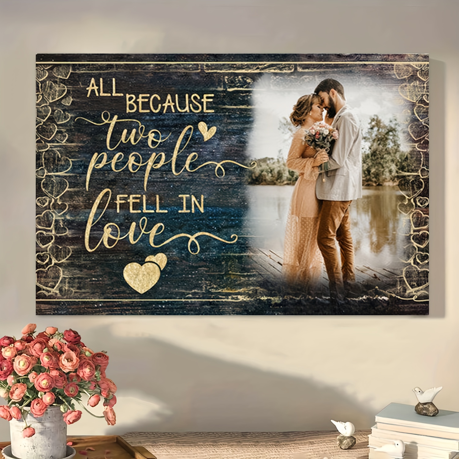 

Custom Photo Canvas Art - Romantic 'fell In Love' Anniversary Couple Portrait, Personalized Wooden Frame Wall Decor, Perfect Gift For Him Or Her, 11.8x15.7 Inches