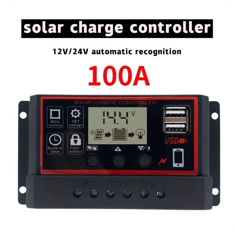 100  charge controller outdoor yard solar panel regulator 12v 24v auto battery voltage recognition adjustable   lcd   usb output 5v2  phone charging   control load mode setting
