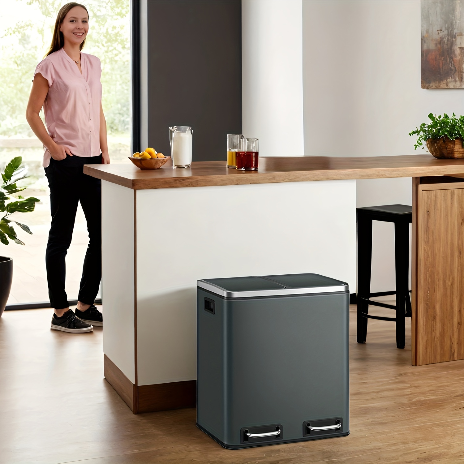 E-shop Küchenmülleimer, 2 x 15L Doppel-Eimer für Recycling Abfall, Fußpedal-Mülleimer mit zwei Fächern, Inneneimer, weichschließende Deckel für kleine