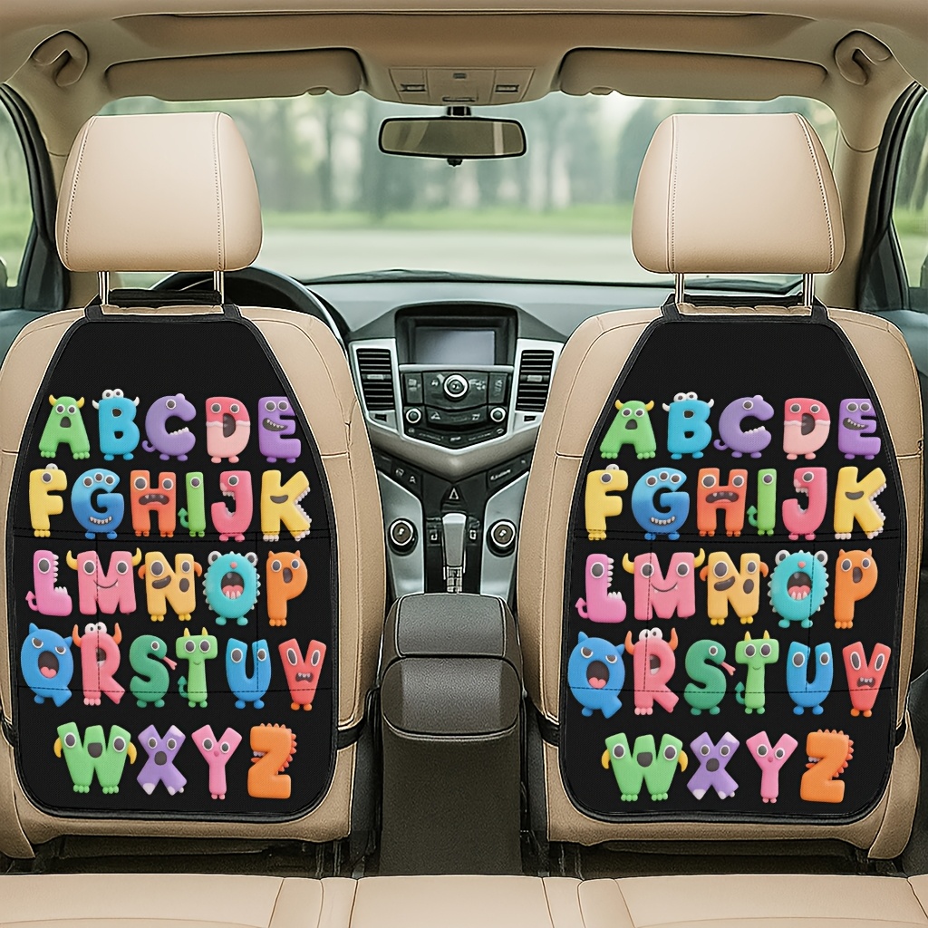 TEMU 2pcs Coussins de Protection de de Siège Auto Imprimés en 2D, Motif Coloré Alphabet - Coussins de Protection Anti-Coups de Pied, Faciles à