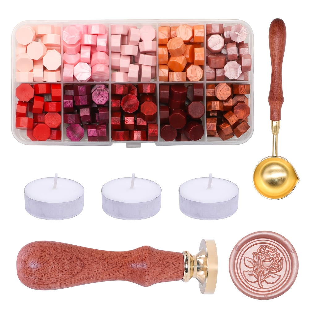 Wax Seal Kit With 1pc Rose Wax Seal Stamp & 10 Colors Sealing Wax Beads & 1pc Spoon & 3pcs Candles For Wedding Party Invitations Envelopes Gift Packing