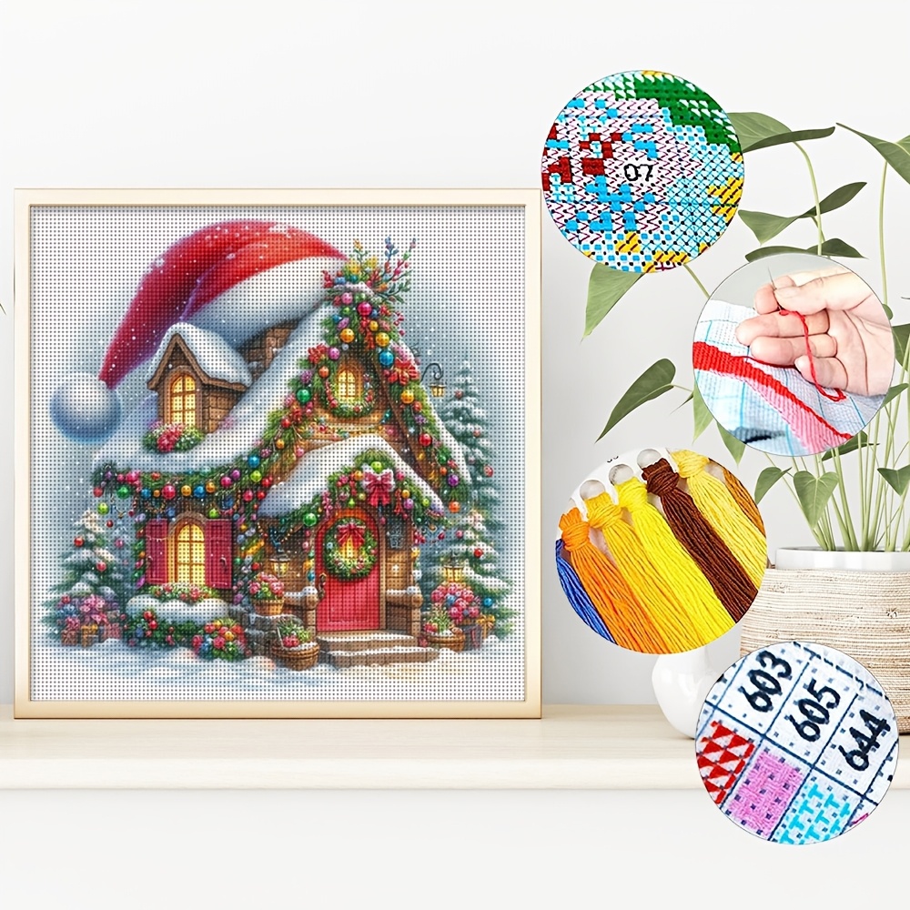 TEMU 1 Set Complete Christmas Cottage Cross- Kit With Pre-printed Fabric, Suitable For Adult Beginners, Stress-relief Diy Craft Gift, Frameless