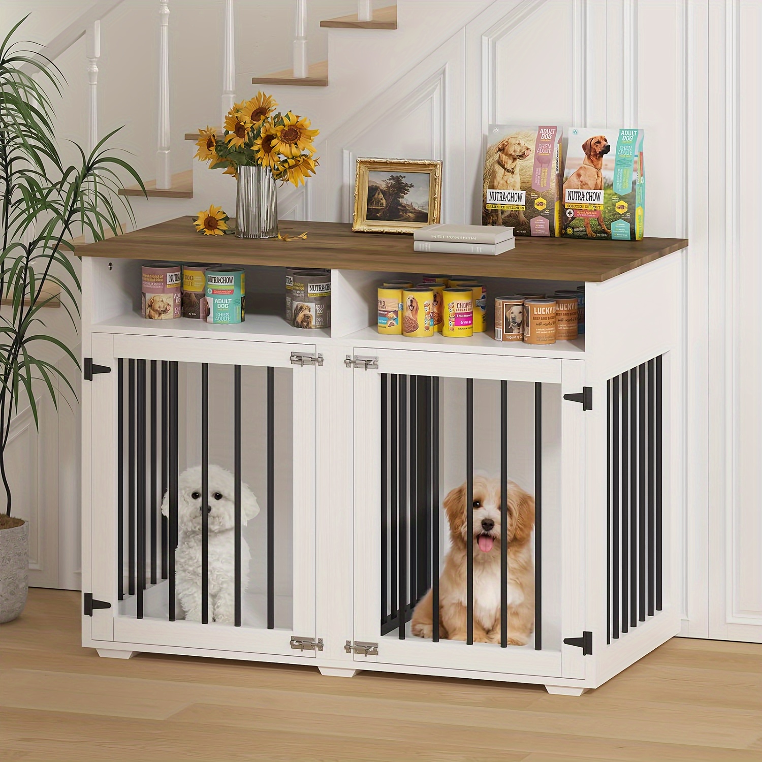 

41 Inch Dog Kennel Indoor For 2 Dogs, Wooden Dog Crate End Table With Divider & Shelf Storage, Farmhouse-style Dog Crate Furniture, Decorative Pet Crate For Large/medium/small Dogs, White