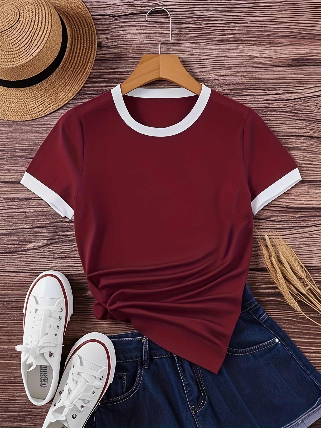 Contrast Trim Short Sleeve T-shirt, Casual Crew Neck Top For Spring & Summer, Women's Clothing