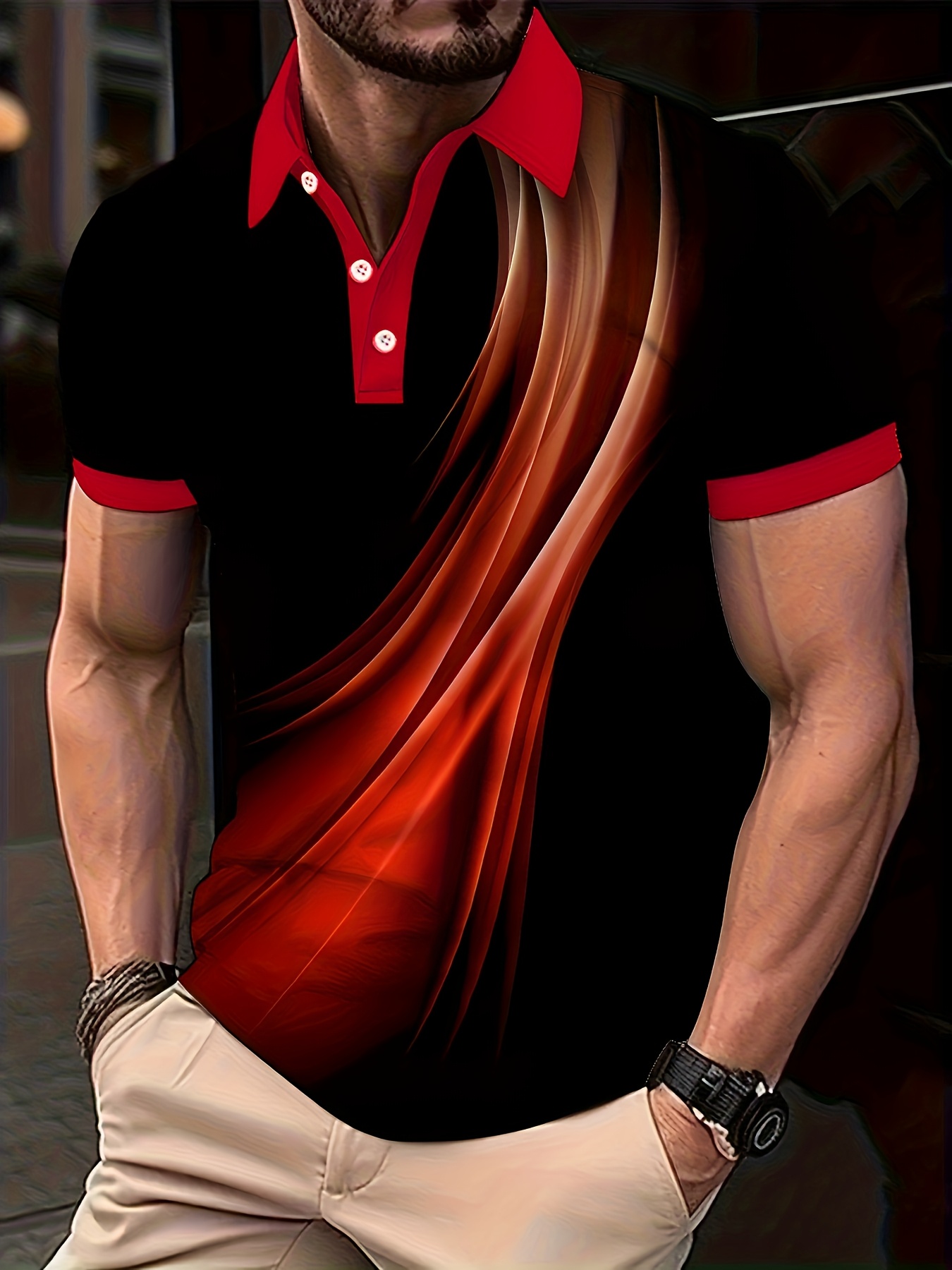 Plus Size Men's Golf T-shirt, Popular Retro Style Blue Lines Geometric Elements Design Print Short Sleeve Tennis Tees For Summer, Casual Trendy Tops For Males, Leisurewear For Big & Tall Guys