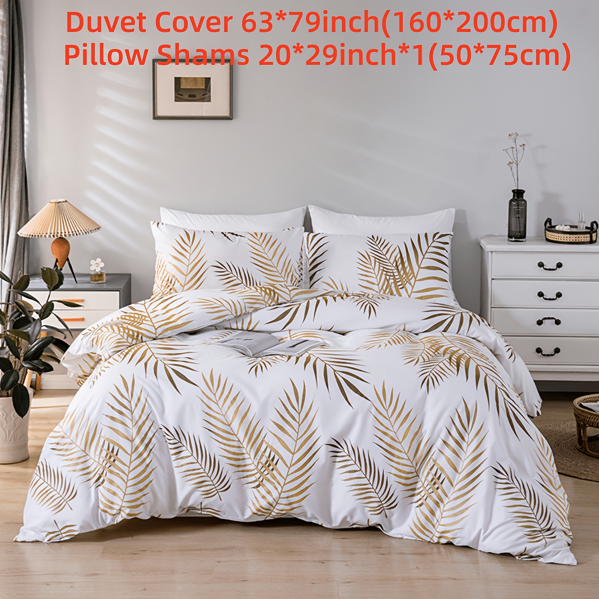 TEMU 1 Ensemble Housse de Couette et Taies d'Oreiller à Imprimé Feuilles en Polyester 2/3 pièces et de Garnissage
