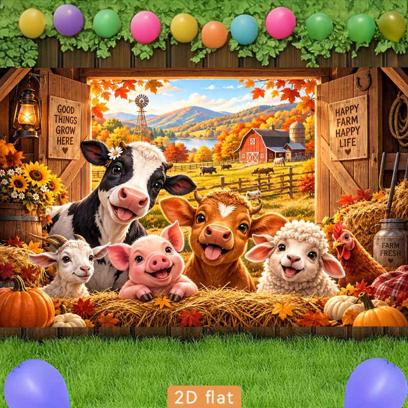 Autumn Farm Animal Background Cloth with Cow, Pig, Horse