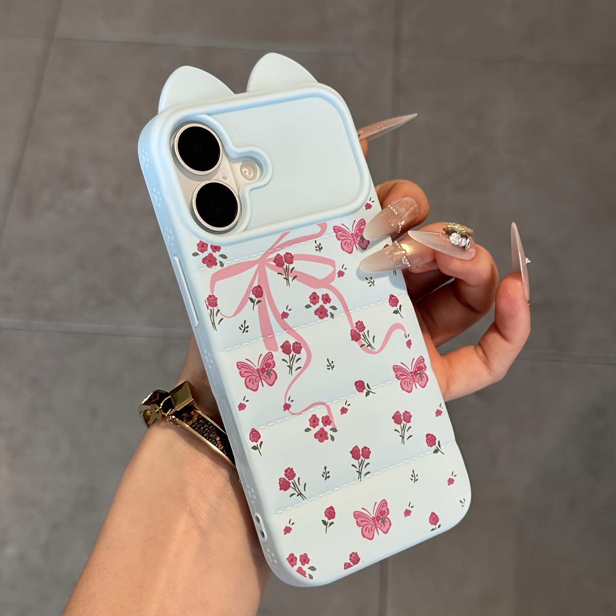 TEMU Phone Case: 1 Phone Case Featuring Soft And Cute Cat Ears With A Pink Bow And Floral Design, An And Style. Made Of Down Jacket-like Soft,