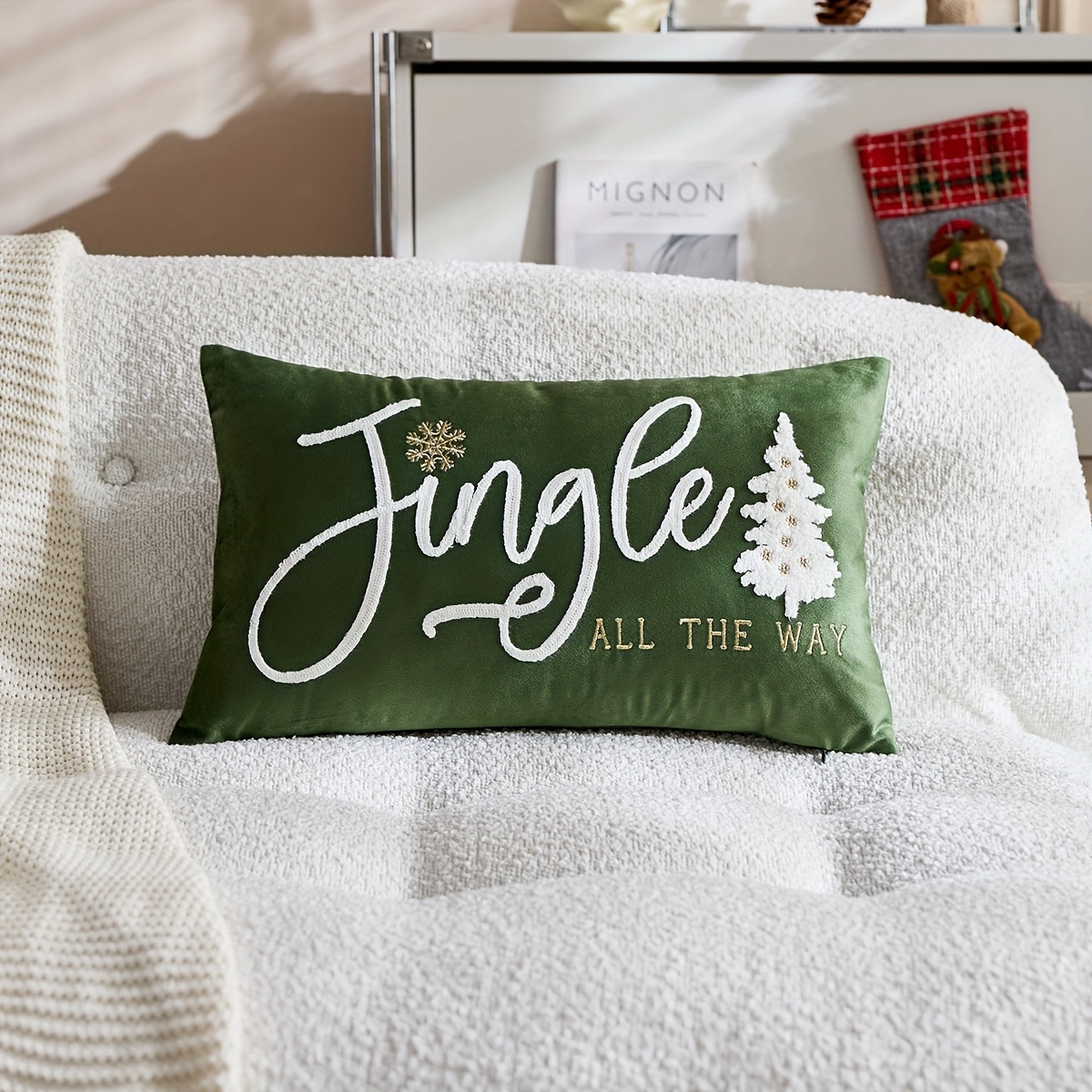 TEMU 1pc, Velvet Christmas Pillowcase, Jingle Christmas Trees Throw Pillow Covers, 19.6*11.8inch, Single Side Embroidery, Suitable For Sofa, Living