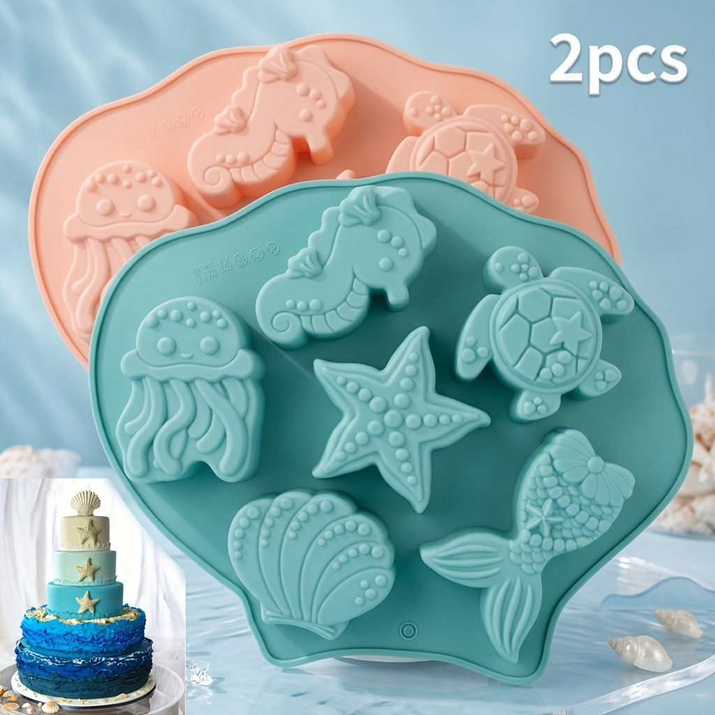 TEMU 2pcs, 3d Marine Animal Shaped Silicone Cake Mold, Including Seahorse, Turtle, Jellyfish, Shell, Mermaid Tail Shaped Mold, Baking Mold, Suitable
