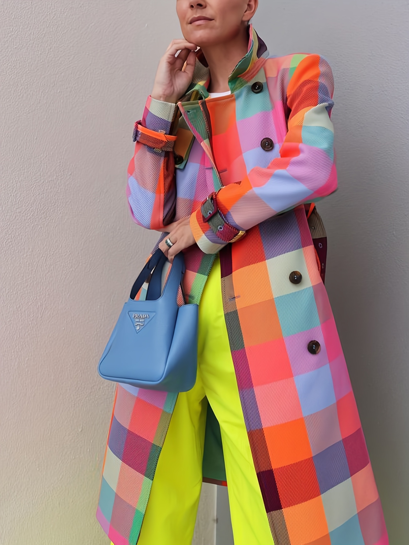 Women'*-Breasted Trench Coat with Colorful Grid Pattern Adjustable Belt  Detachable Wrist Cuffs, Regular Fit Machine-Washable Elegant Outerw