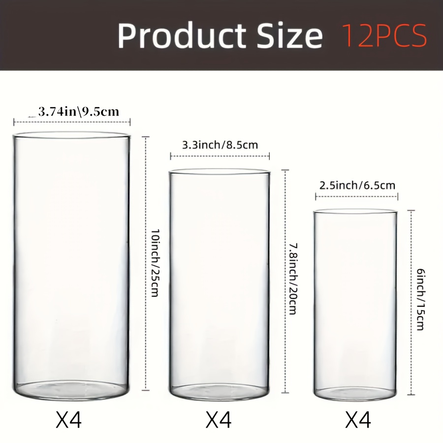 E-shop 12er-Set Transparente Zylinder-Windfeste Kerzenhalter, Geeignet für Säulenkerzen, Moderne Schwimmende Kerzen, Tischdekorationen, Romantische