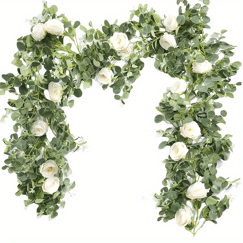 

1pc, 70in Eucalyptus Garland With Flowers, Artificial Fake Flowers Rose, Peony Greenery Garland Floral Vines For Decoration Party Wedding Table Indoor Outdoor Backdrop Wall Decor