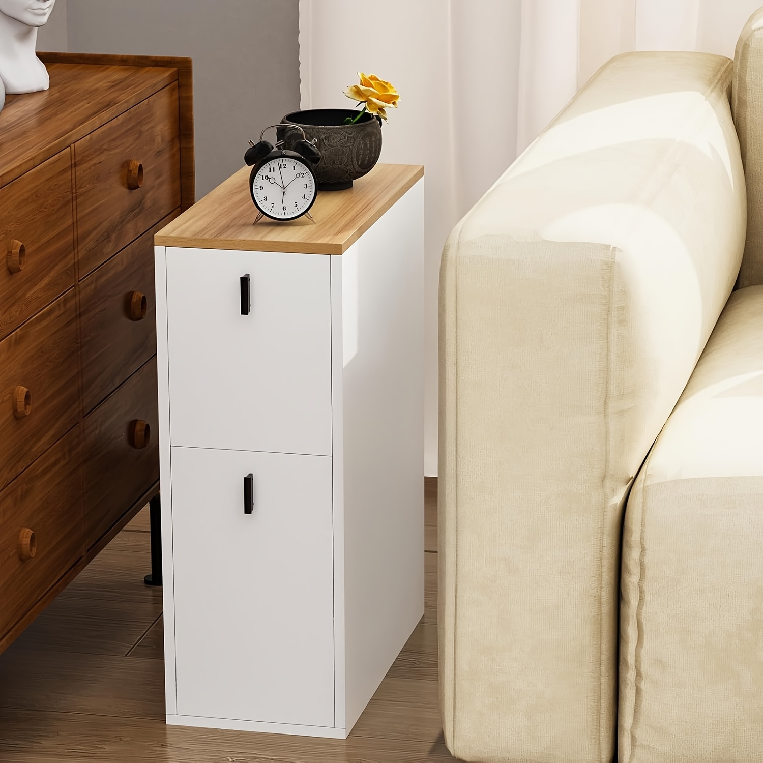 Narrow White Side Table With 2 Drawers, Suitable For A Sofa, Bedroom, Or Living Room, Measuring 25x50x70 Cm
