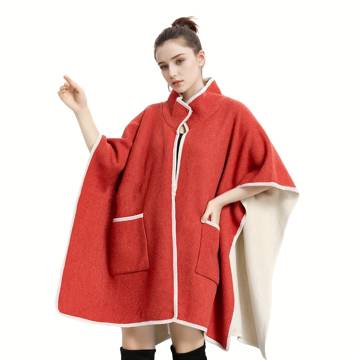 Women's Elegant Jacquard Fleece Hooded Shawl Scarf - Plush Rabbit Fur-like Grid Pattern, Windproof & Versatile Wrap For