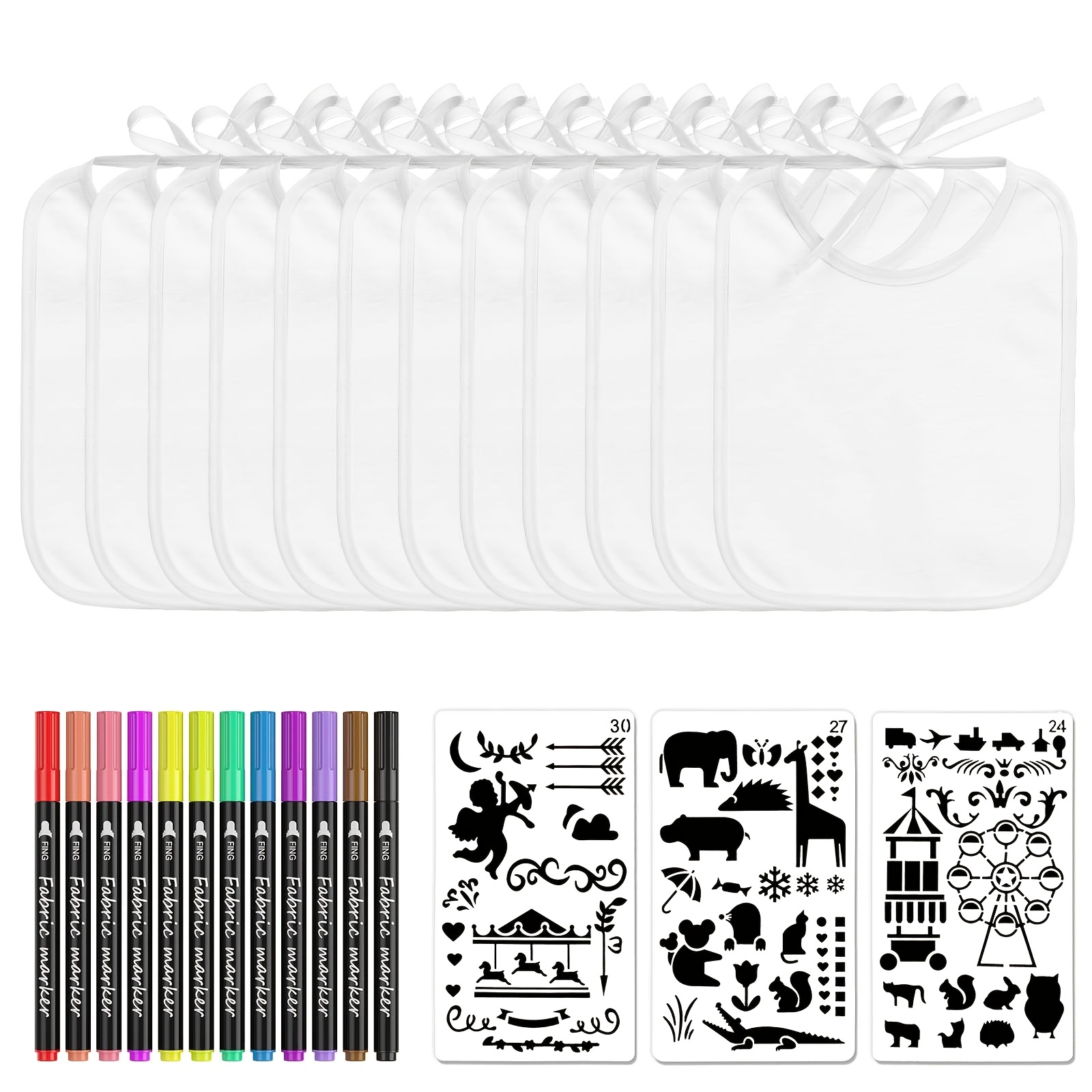 12pcs Painting Smocks, With 12pcs Colorful Fabric Markers And 3pcs Painting Stencils, Double-sided Smocks, White Painting Smocks, Suitable For Party Gifts (22 X 18cm)