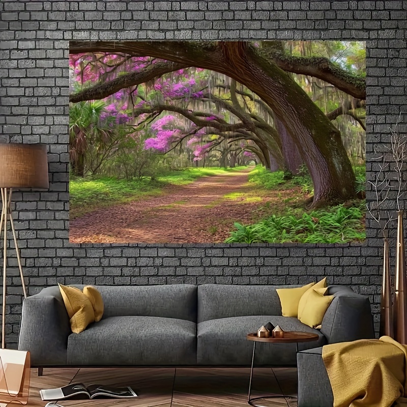 1pc garden park scenery backdrop for photography old tree lined path purple flowers beautiful forest jungle backdrop for party outdoor party photoshoot studio props
