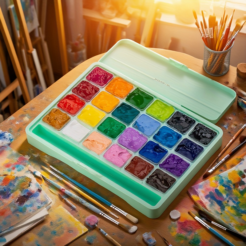 E-shop Gouache Farben Set, Kunststoffbehälter, 24 lebendige grüne Farben, Farben mit tragbarer Palette für Künstler, Leinwandmalerei, Aquarellpapier,