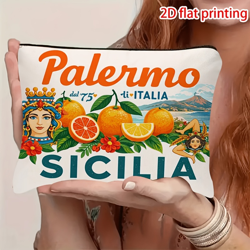 TEMU 1 Sicily 2d Flat Print Makeup Bag, Orange With , White Fabric With Zipper Closure, Ideal For Travel And Daily Use, Suitable As A Gift For Women,