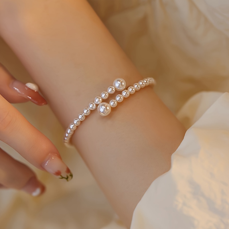 

French Retro Faux Pearl Ladies Cuff Bangle, Luxury Unique Design Simple Bracelet