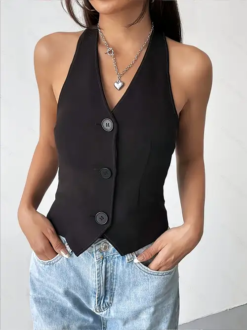 Button Front Halter Tank Top, Casual Solid V Neck Vest For Summer, Women's  Clothing