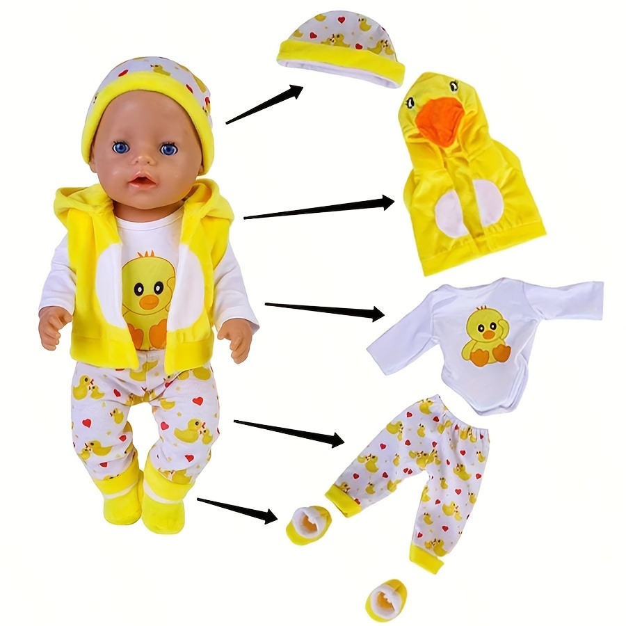 

5pcs/set Ensemble de vêtements de poupée canard jaune pour poupée nouveau-née de 17-18 pouces et poupées de 43-45 cm Cadeau de Noël parfait (poupée non incluse)