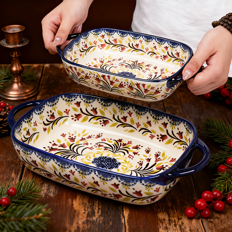 TEMU 13+9 Inch 2pcs Ceramic Baking Dish Set | Over Sized Oval Roaster With Handles | Full-coverage Vintage Bohemian Style | Dishware & Oven &