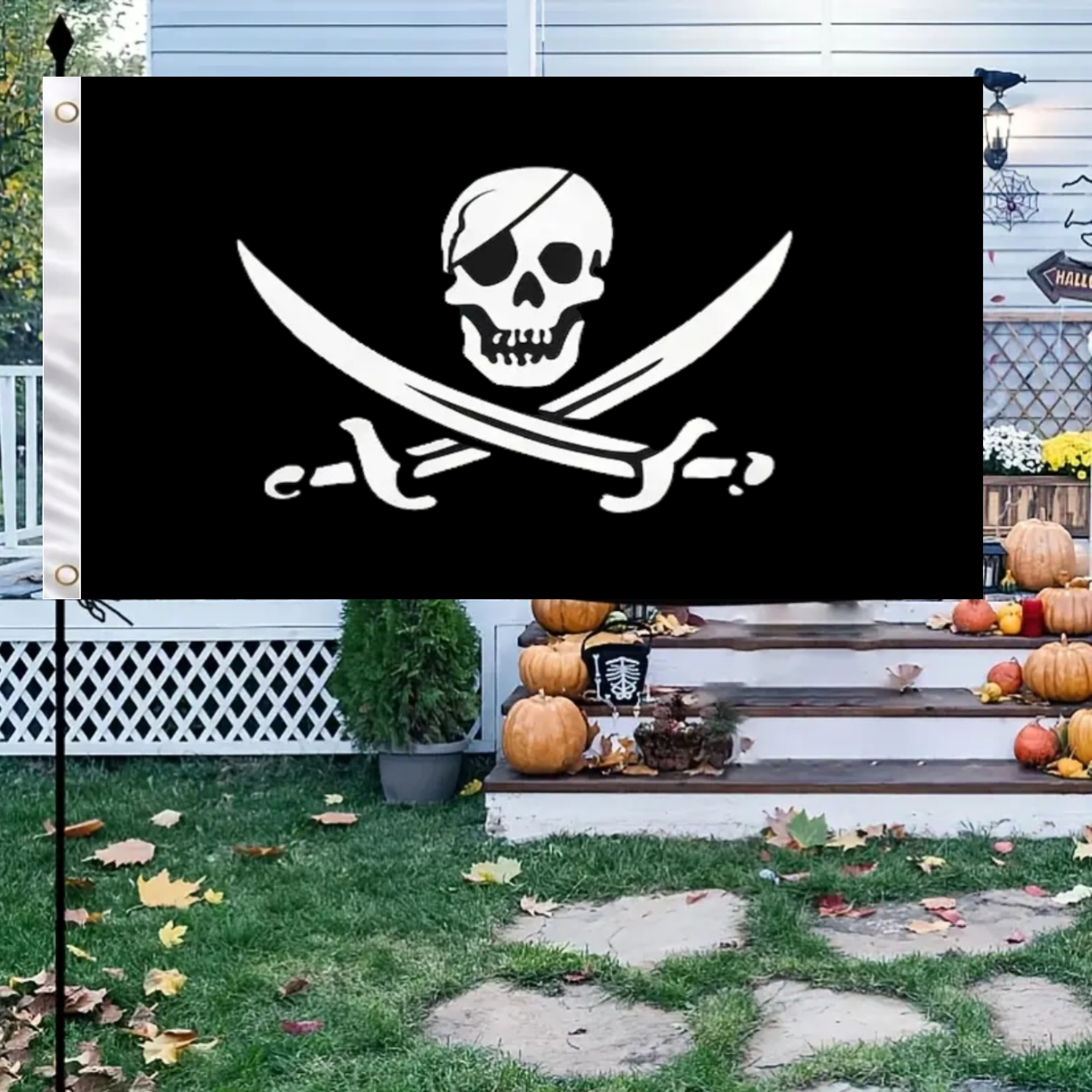 

1pc, Jolly Roger And Cross Sabres Swords Pirate Flag (5*3fts, 3*2fts), High-quality Hanging Flag With Polyester, Vivid Color And Uv Fade Resistant, National Flag Decoration, Outdoor Holiday Decoration