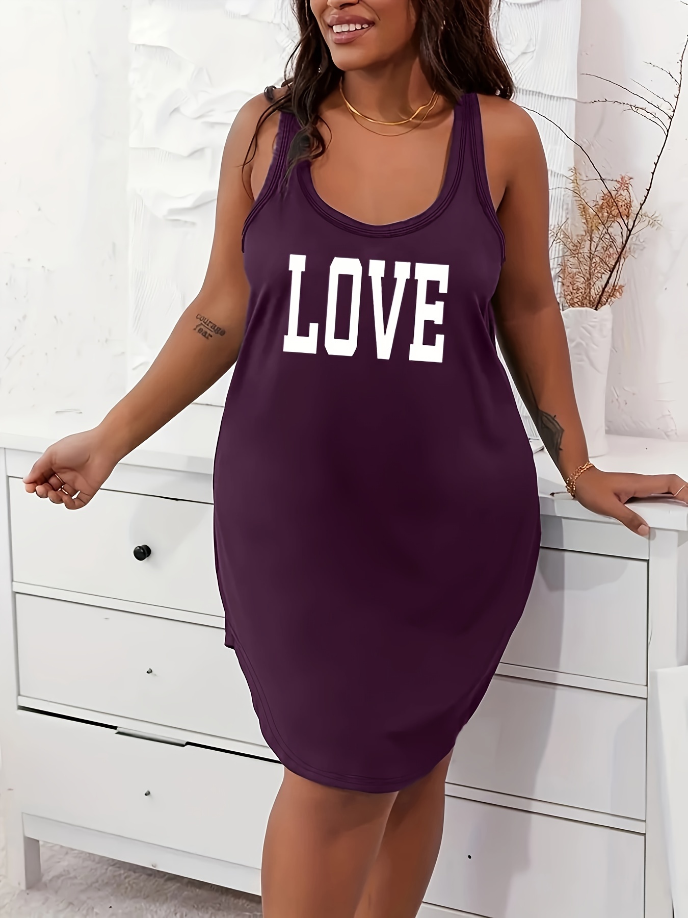 Women's Plus Casual Lounge Dress, Plus Size Letter Graphic Scoop Neck Racer Back Tank Home Wear Dress