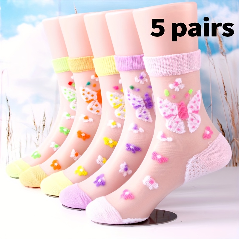 5 Pairs Girls & Kids Glass Fiber Mid-crew Socks Summer Thin Breathable With Patterns - Cute Children's Ankle Socks