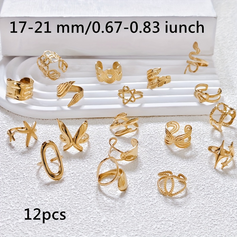 E-shop Großhandel 12 Stk./Packung Damen Schmuck Set Mode Retro Herren- und Damenringe Edelstahl Größe 17 mm-21 mm Hydraulische Prozess Goldfarbene Tier