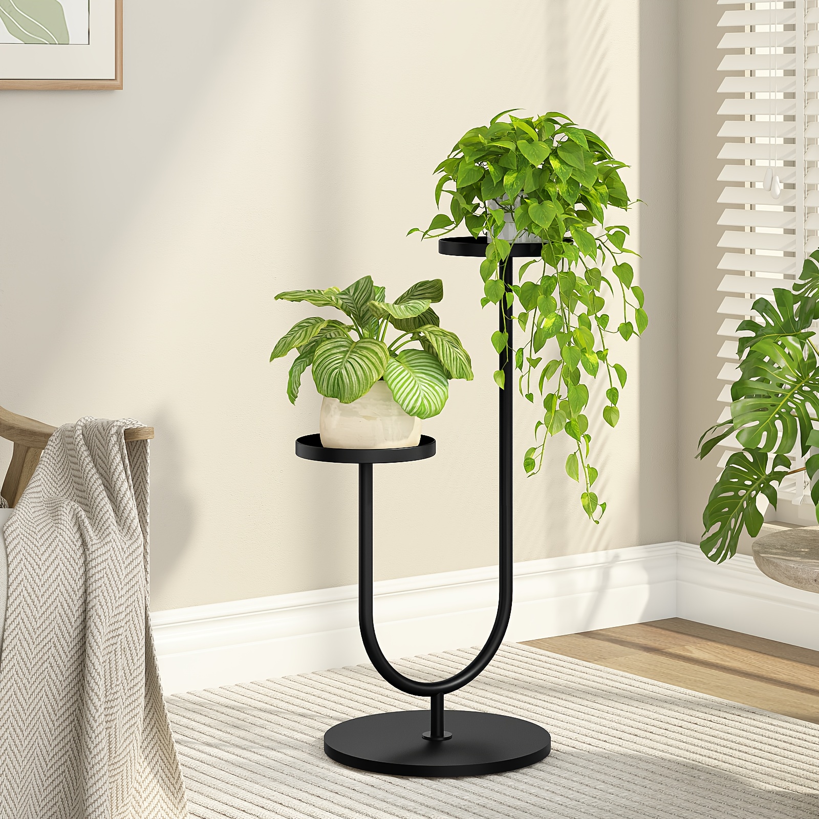 Image of Modern Plant Stand Indoor Tall, Corner Plant Stand For Indoor Plants, 2 Potted Black Planter Stands For Plant Display Living Room Decor