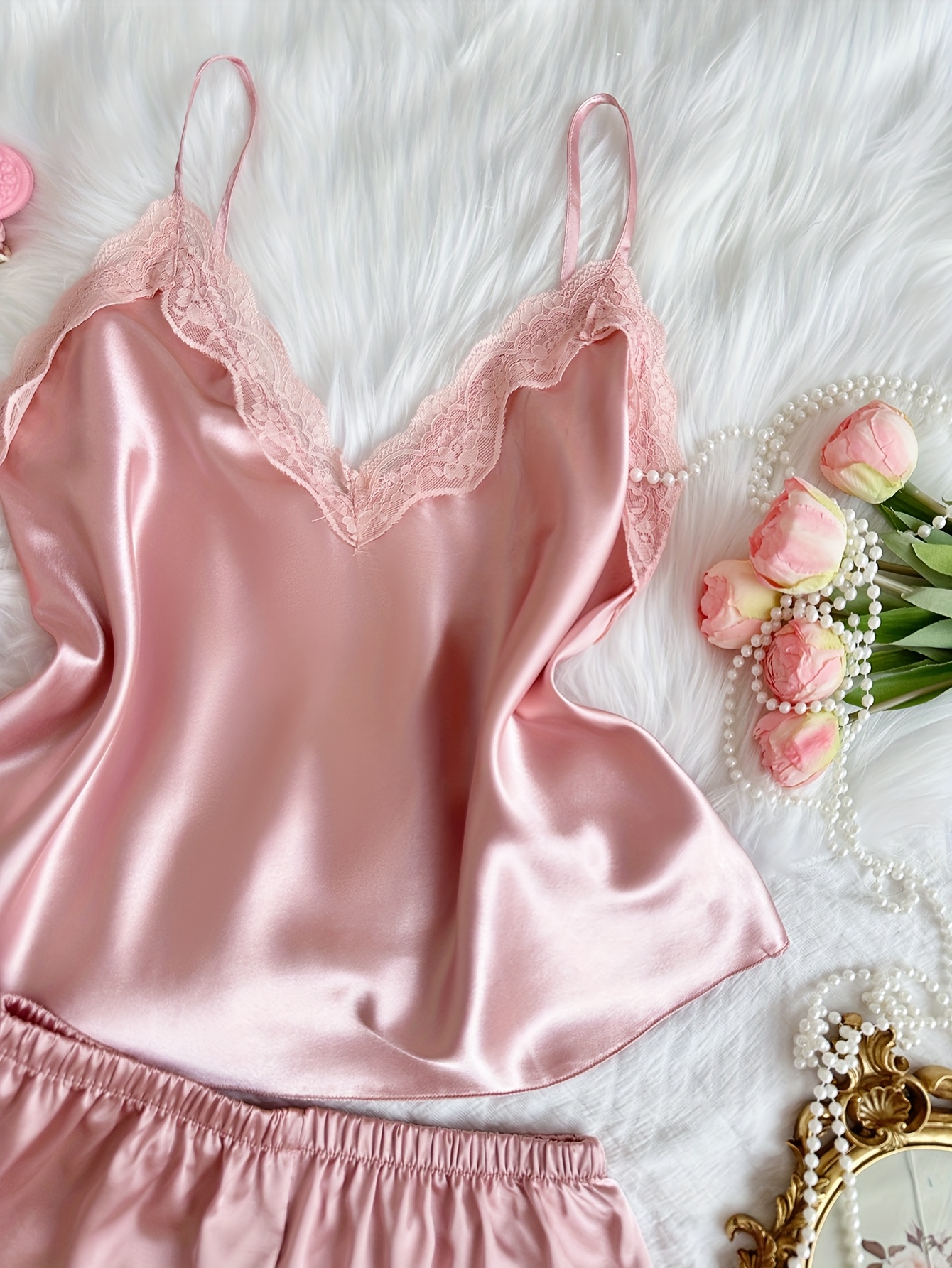 Cheibear Women's Satin Pajama Set - Sleeveless Camisole & Shorts With Lace Trim, Lounge Wear