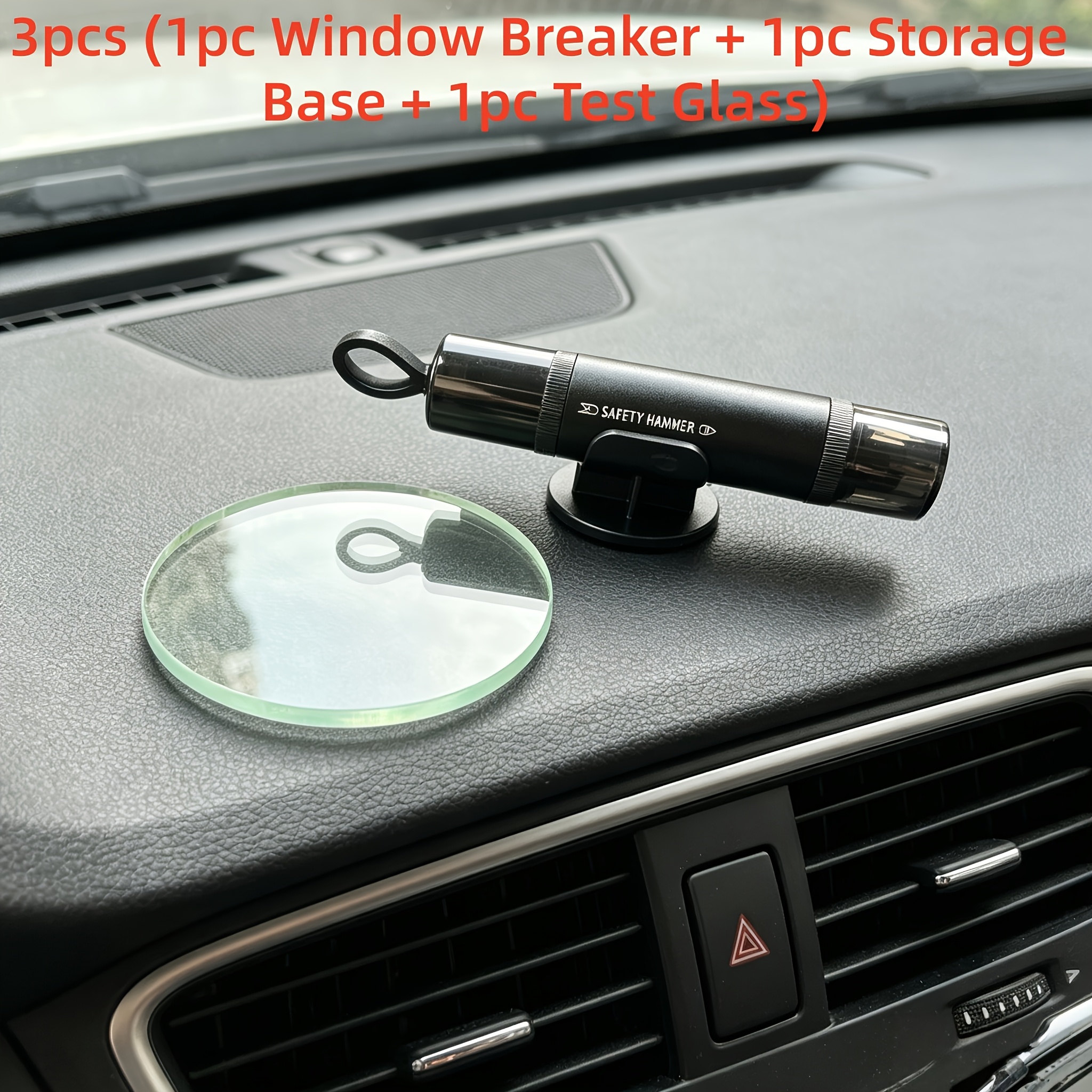 TEMU 3pcs (1pc Window Breaker + 1pc Storage Base + 1pc Test Glass) Aluminum Alloy Car Window Breaker, Car Safety Hammer, Multi-functional One-second