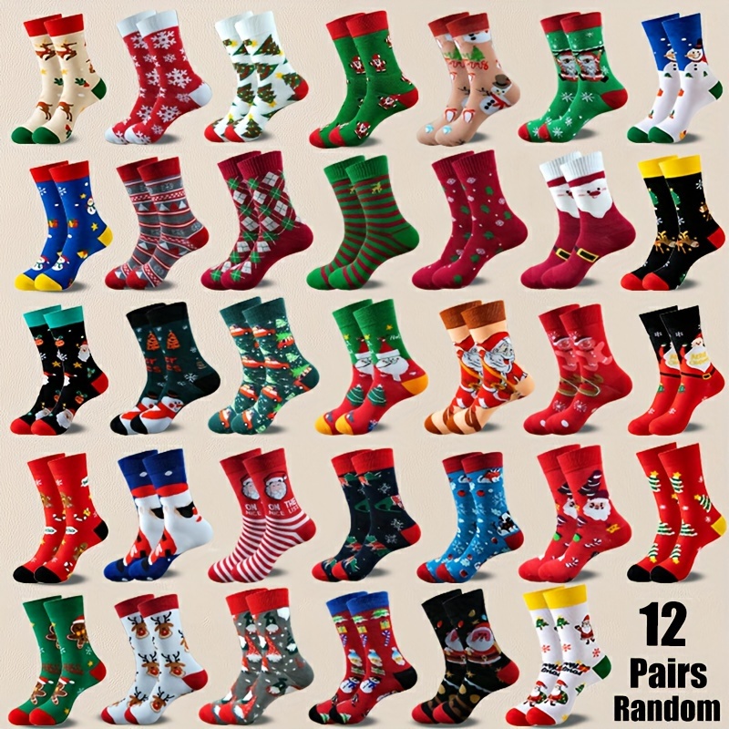 

12 Pairs Unisex Tubes - Polyester With Stretch Lycra, Knit Fabric, Machine Washable - Featuring Santa, Reindeer & Gingerbread Patterns For